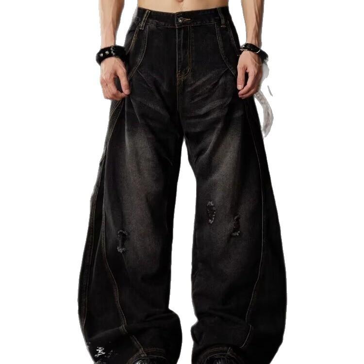 American Retro High Street Ripped Old Scimitar Jeans Men's and Women's Loose Straight Hip-hop Wide-leg Pants Sickle Pants