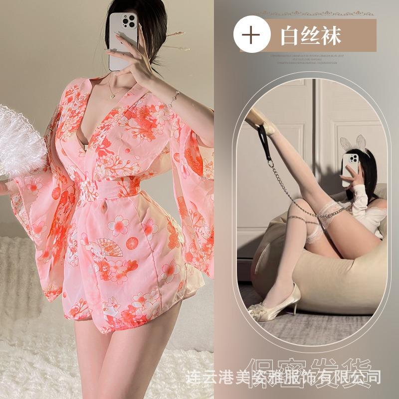 Sexy Underwear Large Size Sexy Japanese Cherry Blossom Kimono Hot Spring Bathrobe Large Size Collar Low Chest Bow Print Woman