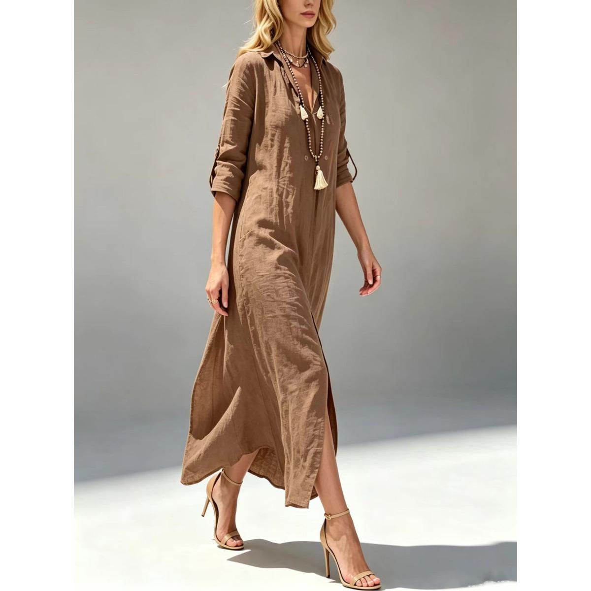 Women s Shirt Collar Long Sleeve Loose Fit Mid Waist Casual Solid Maxi Dress S