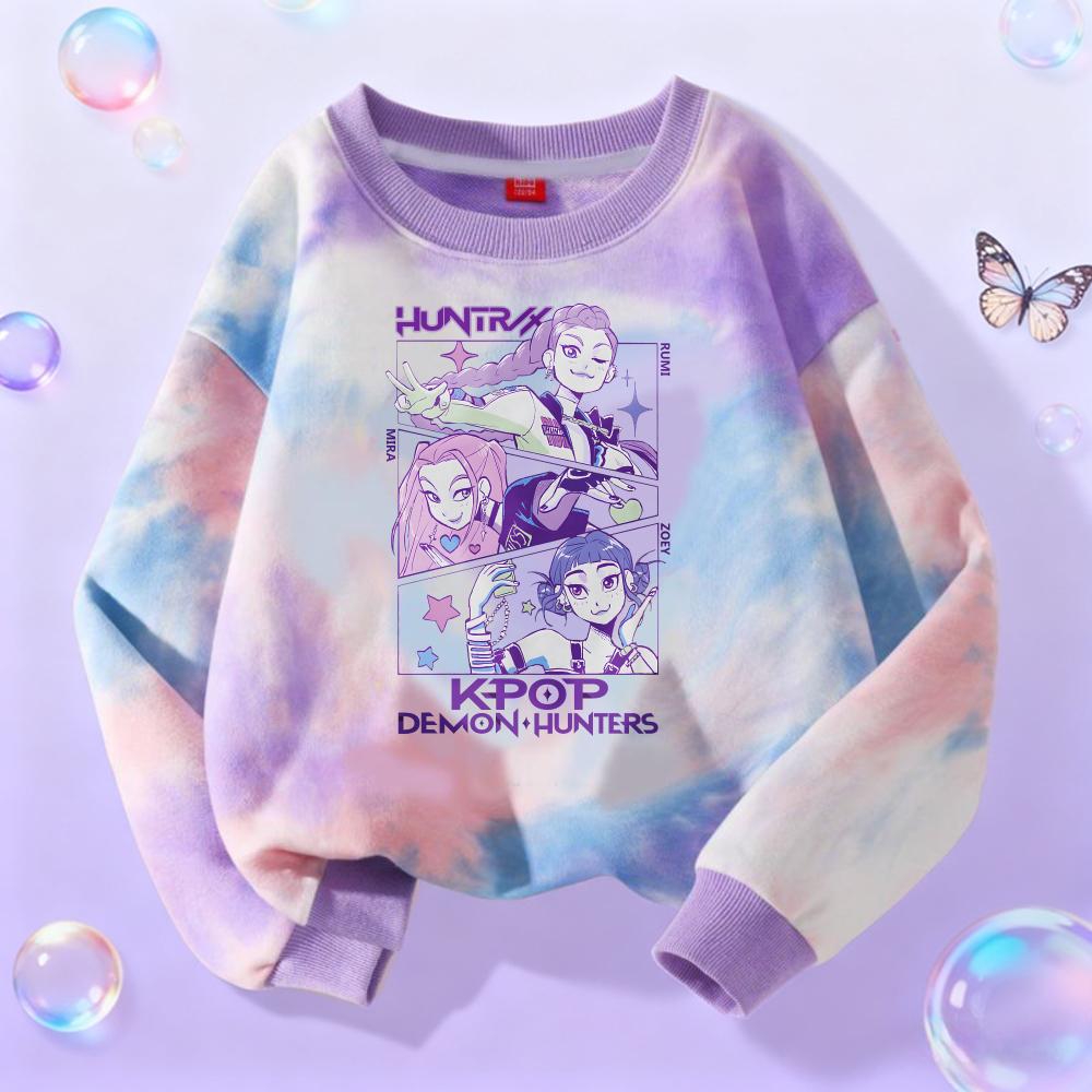 KPop Demon Hunters Long Sleeve Girls Trend Leisure Tops Anime Cartoon Spring Autumn Clothes Tie-dye Versatile Sweatshirt