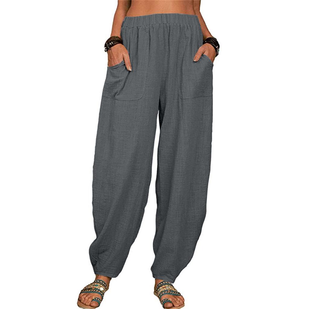 Women's Casual Pockets Elastic Waist Pants Loose Long Trousers Pants