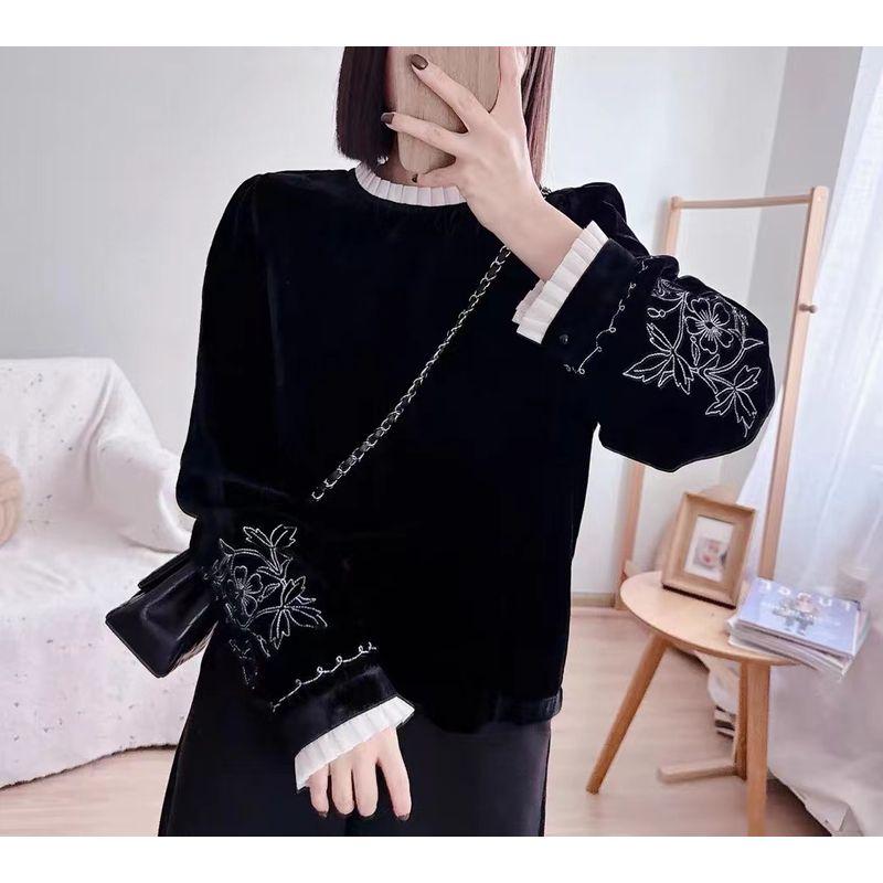 

Upright Pile Mirco Velvet! Girls Texture Lantern Sleeves Contrast Color National Style Embroidered Harajuku Pullover T-shirt Bottoming Shirt Black L