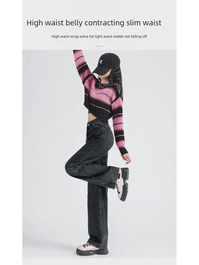 Women's Thick Wide-Leg Jeans: Pear-Shaped, Velvet-Lined, Warm & Versatile - Black & Gray.