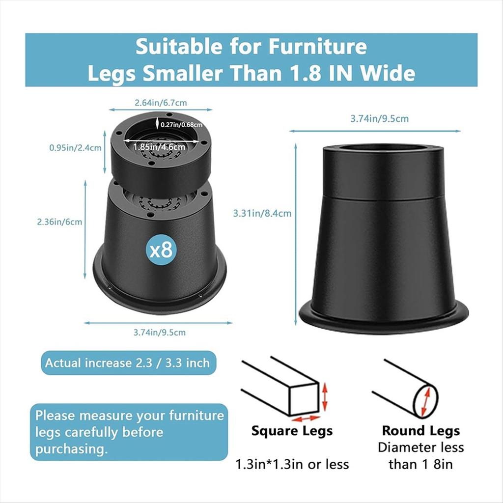 BHBL 3 Inch Bed Risers Heavy Duty Furniture Riser, Bed Lifts Risers, Bed Elevator Supports Up To 6,000 Lbs 8 Pack