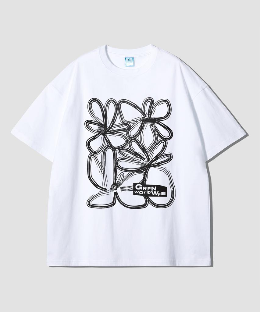 Geulaenpini Line Flower Oversized Short Sleeve T-Shirt - White