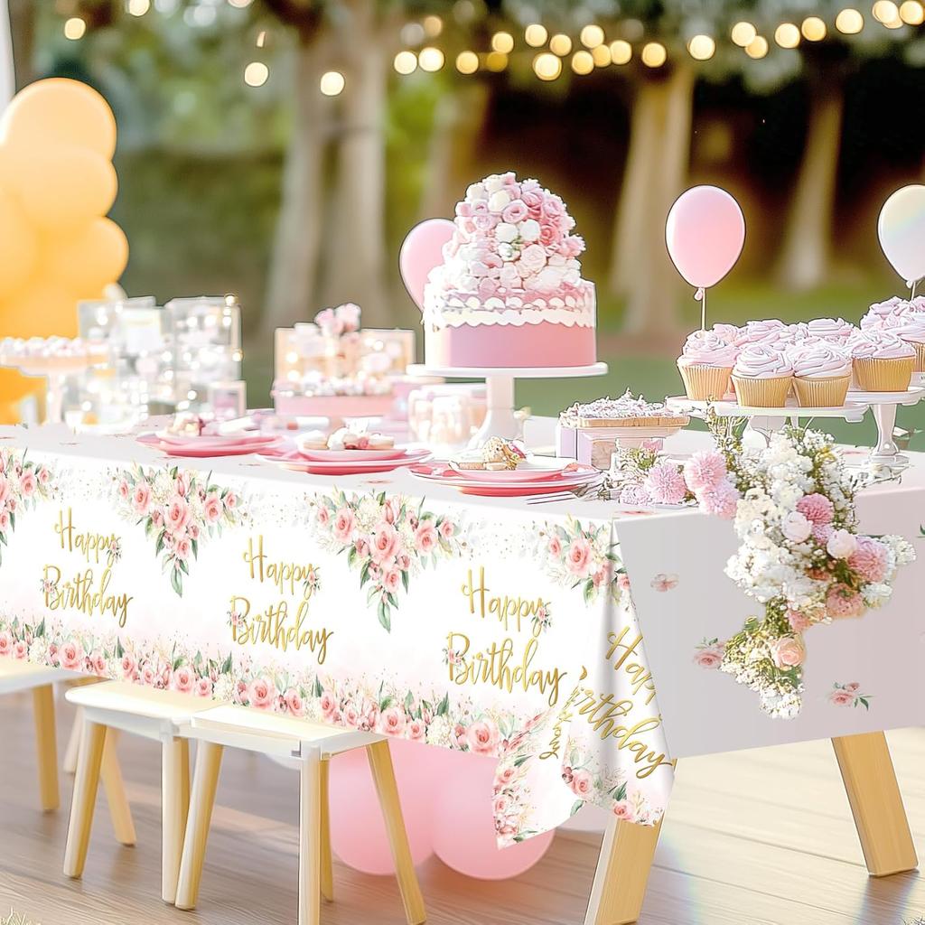 Avezano 3 Pcs Rose Gold Party Decorations Pink Floral Happy Birthday Tablecloths for Girls Women Birthday Party Supplies 108 x 54 Inch