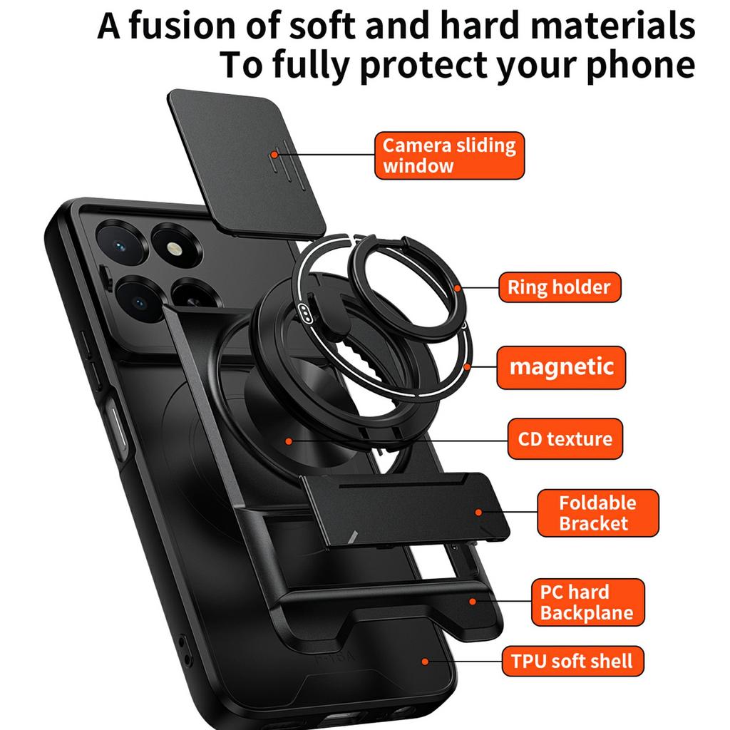 Magnetic Case For Honor X6c 4G / X5b / X5b Plus Ring Holder Foldable Kickstand TPU PC Phone Cover with Camera Lens Slider