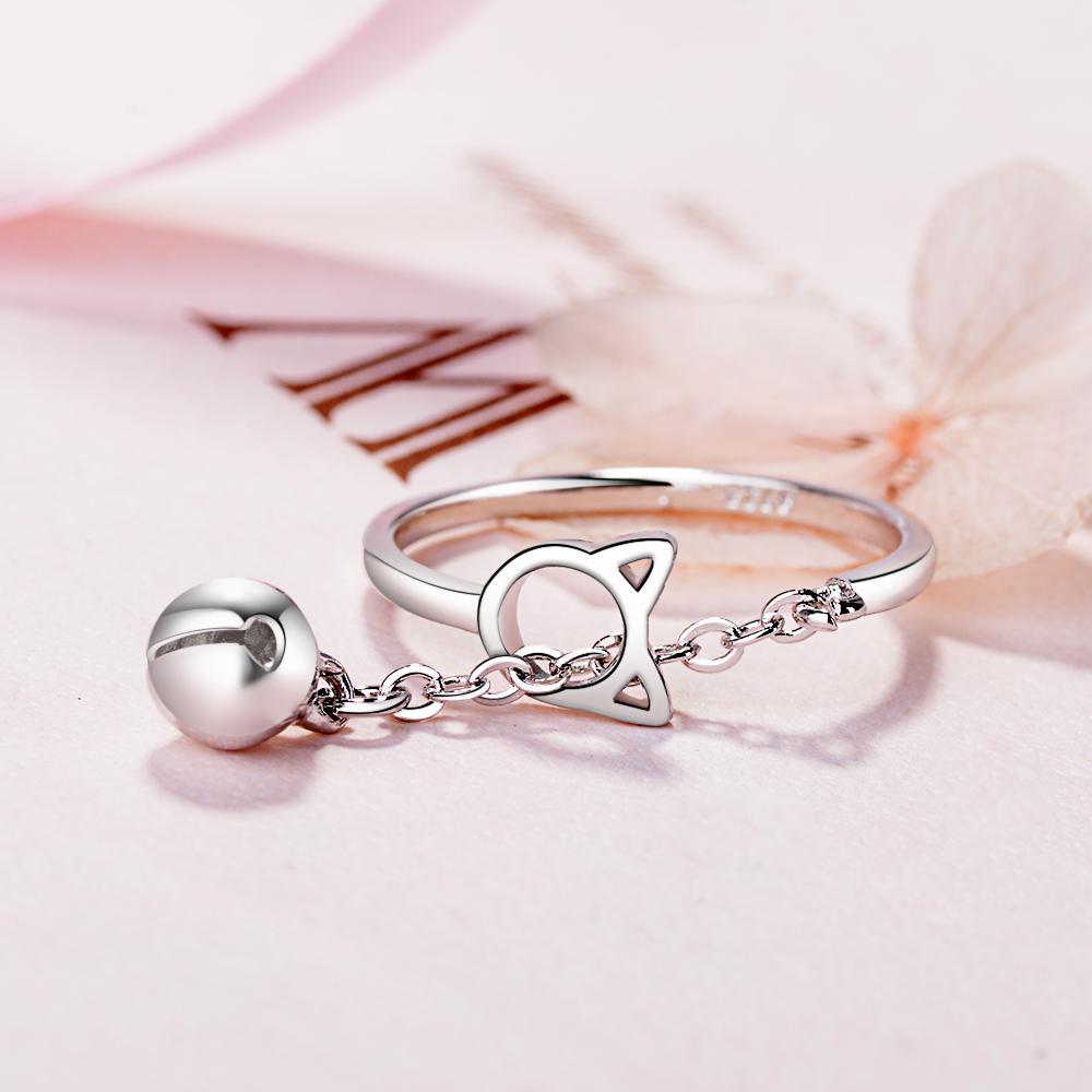 925 Silver New Cute Simple Fashion Cat Head Chain Dangler Bell Ring Unique Opening Adjustable Statement Jewelry For Women