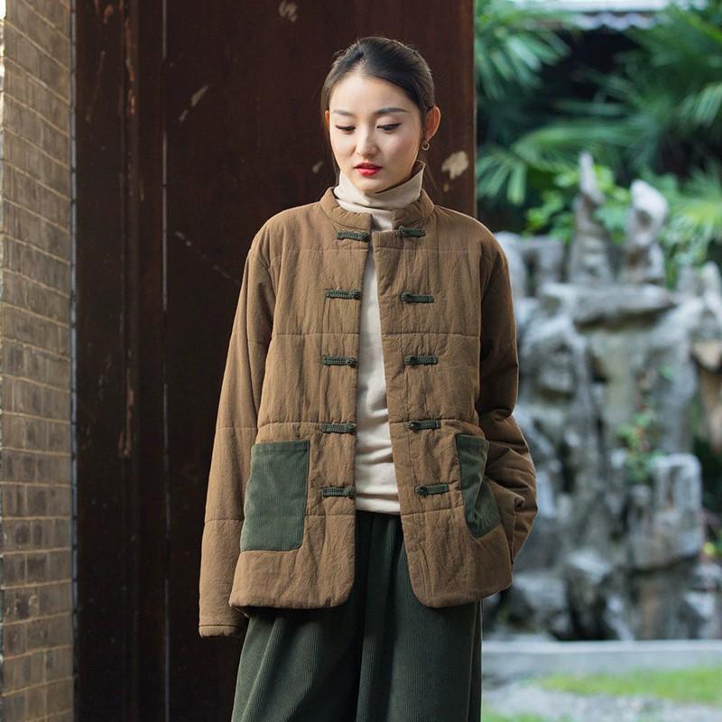 Johnature Women Vintage Patchwork Color Button Pockets Warm Winter Stand Coats Long Sleeve Female Coats