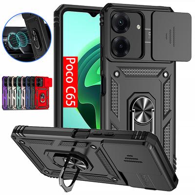 Armor Funda for Xiaomi Poco C65 Case Slide Camera Lens Protection Phone Cover Pocco Poko Little C65 C 65 PocoC65 Ring Stand Case