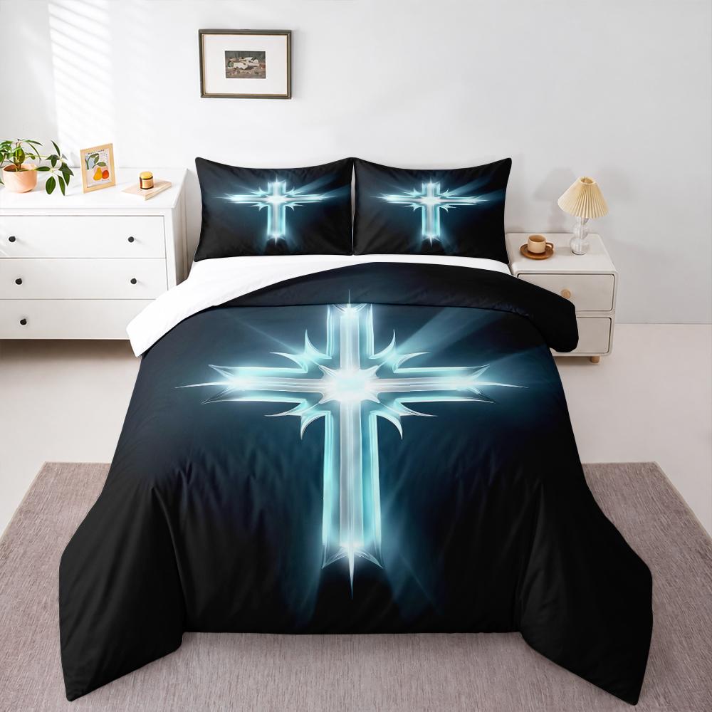 Glowing Ice Blue Crystal Cross Bedding set (1 duvet cover, 2 pillowcases, duvet not included), Minimalist Religious Light Rays Art Print