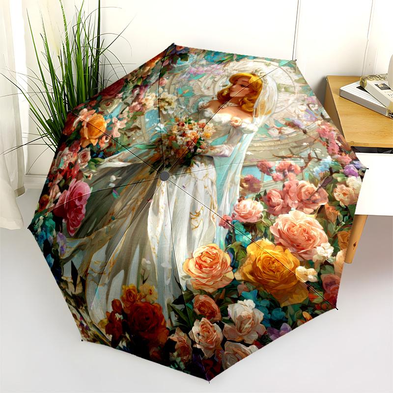 0106 Flower Maiden  pattern, automatic folding umbrella, portable and foldable design, 8 ribs, a Christmas or birthday gift.