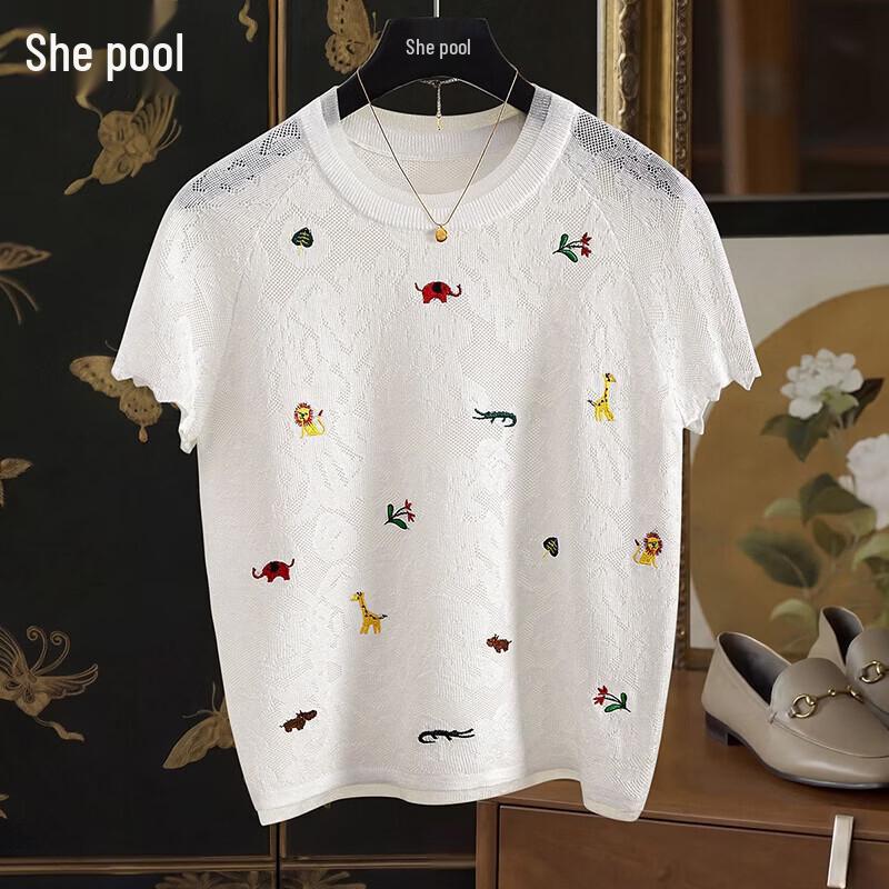 Tachi Women s Lamb Wool Blend Cartoon Embroidered Lace Knit T-Shirt One Size