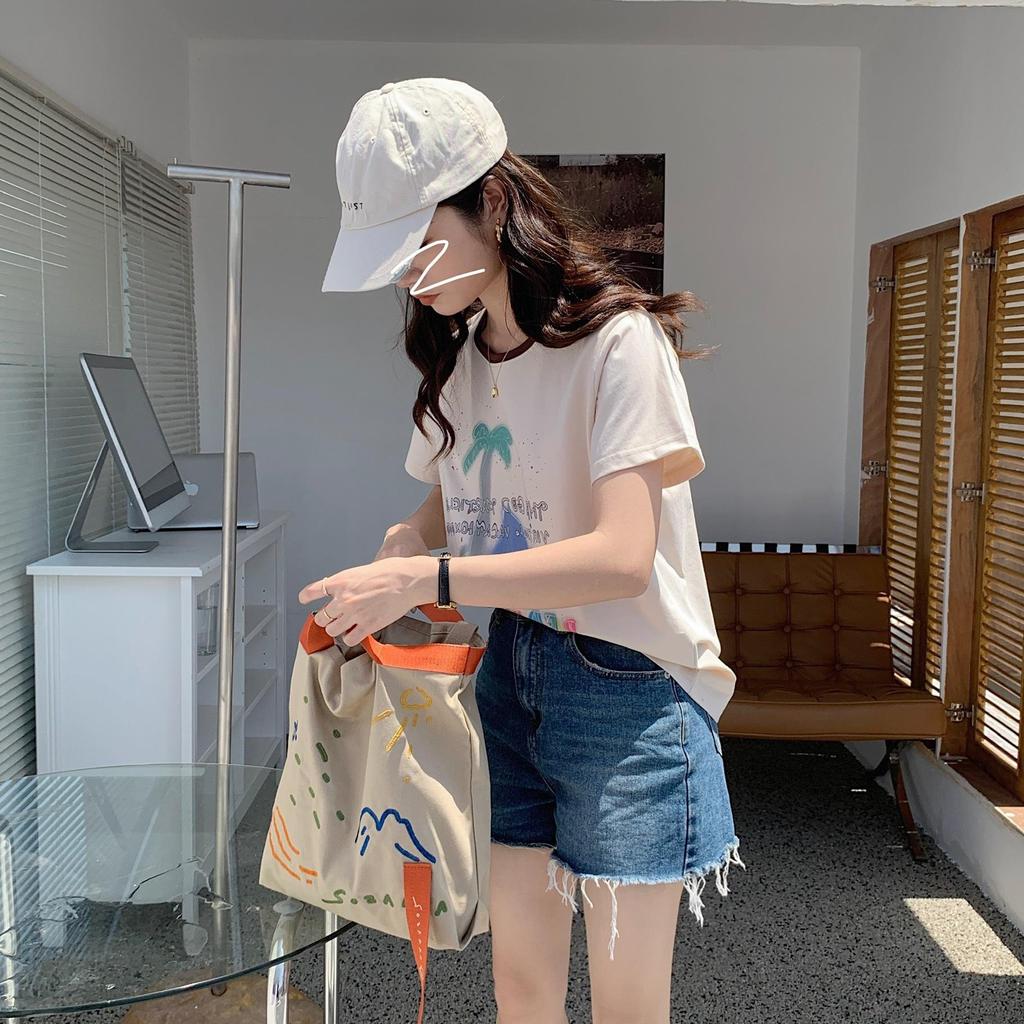 Women Color Contrast Weave Belt Canvas Shoulder Bag Embroidered Large Capacity Student Tote Bag