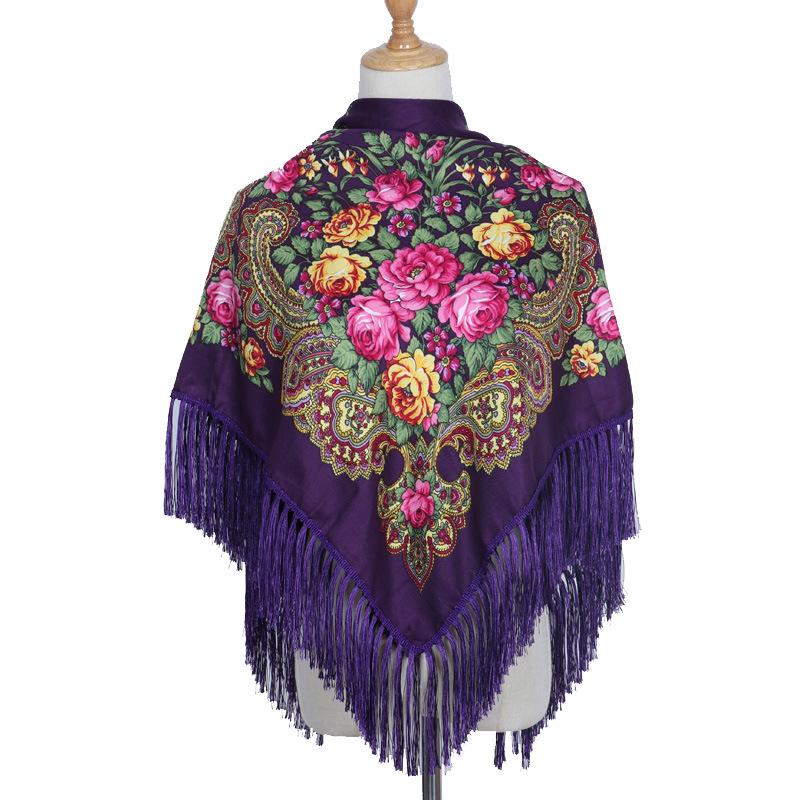 110*110Cm Russian Scarf Floral Woman'S Shawl Tassel Floral Print Hijab Headscarf Wraps Handkerchief Bandana Beach Travel Blanket