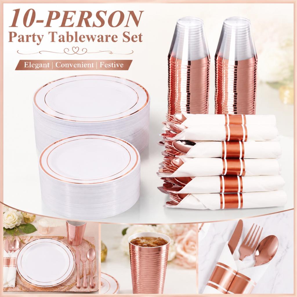 Disposable Party Tableware Set for 10 People Plastic Plates Plastic Cups Forks Knives Spoons Silverware Cutlery Set for Gatherings Events