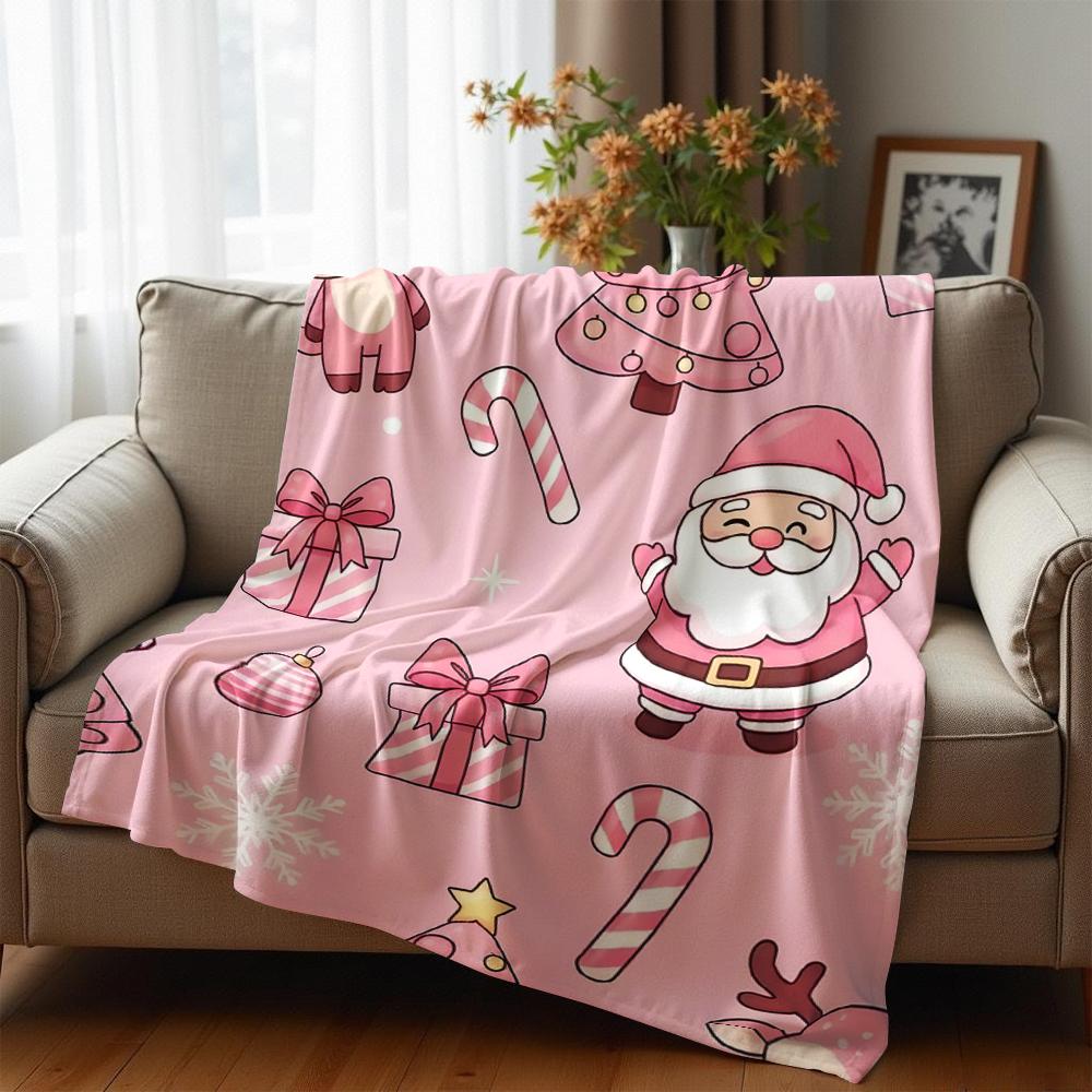 Blush Pink Santa Reindeer Cartoon Anime Print Flannel Blanket Soft Warm Throw for Kids Bedroom Sofa Christmas Office Car