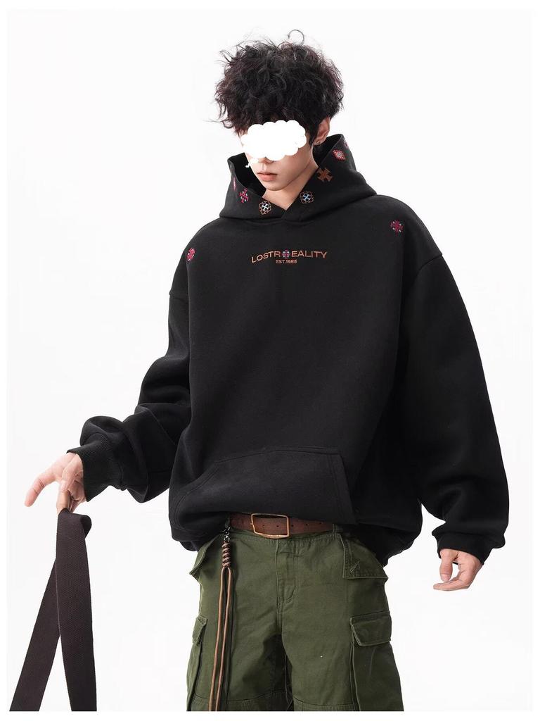 Men's Embroidered Ethnic-Style Hooded Sweatshirt - Casual, Loose-Fit, Versatile Autumn/Winter Outerwear for Couples