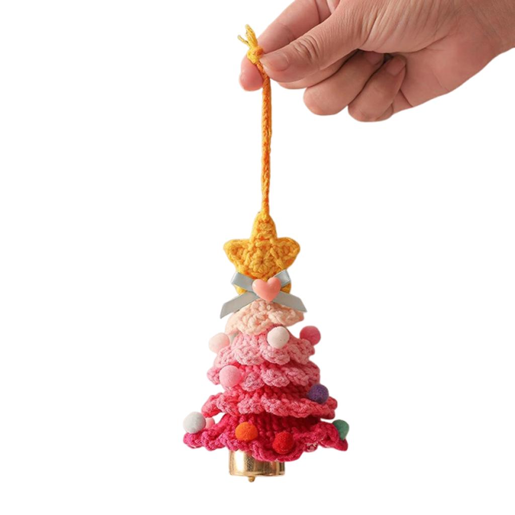 Knitted Plush Christmas Tree with Jingle Bell Handmade Crochet Christmas Hanging Pendant Wool Xmas Tree for New Year Party Decor