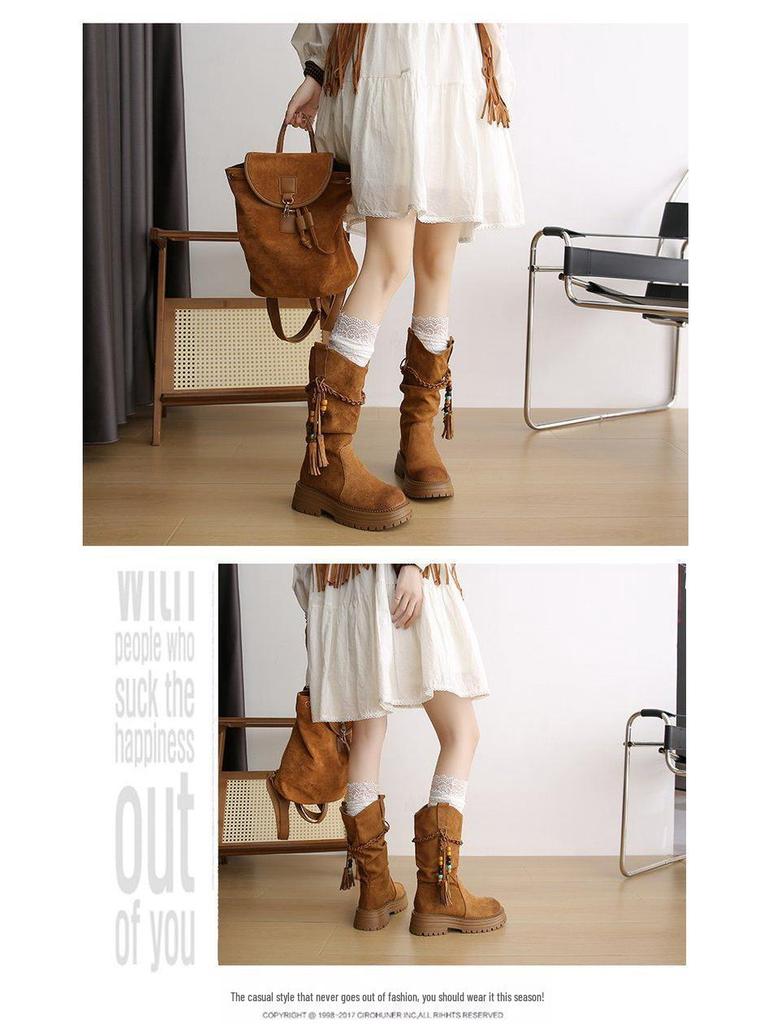 Women's Thick Sole Retro Western Ankle Boots - 2025 Autumn/Winter Fashion Tassel Cowboy Martin Boots
