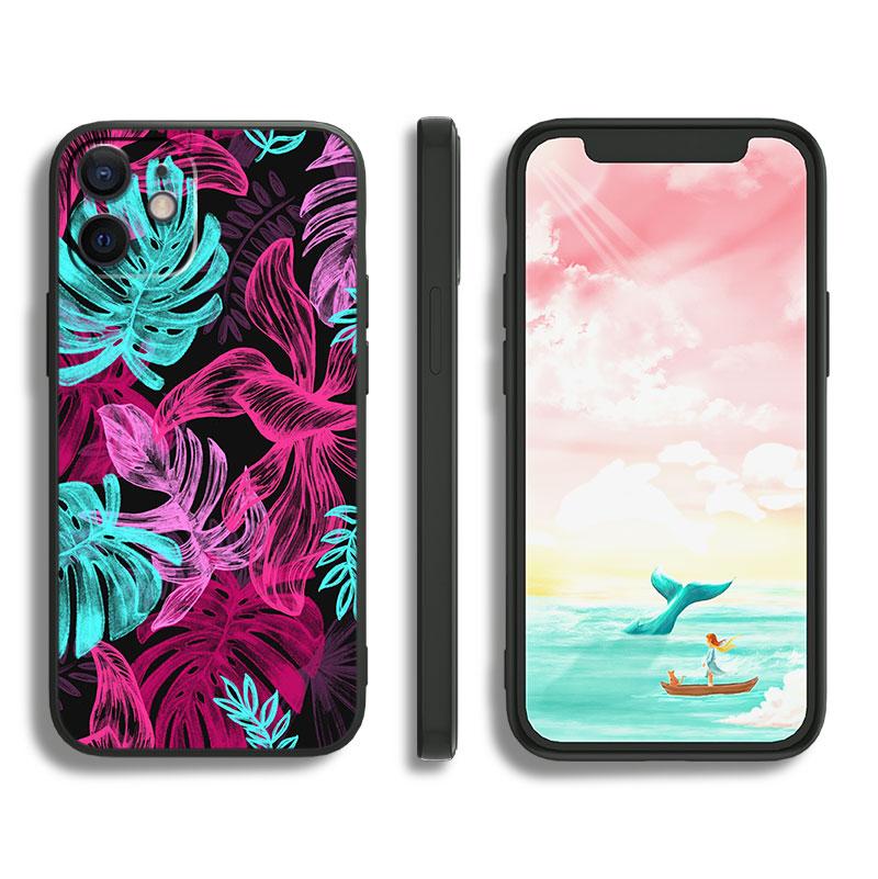 Bunte Blumenblätter für Apple iPhone 11 12 13 Max Mini 7 8 X XR XS Pro Plus Schwarze Luxus-Silikon-Softphone-Hülle