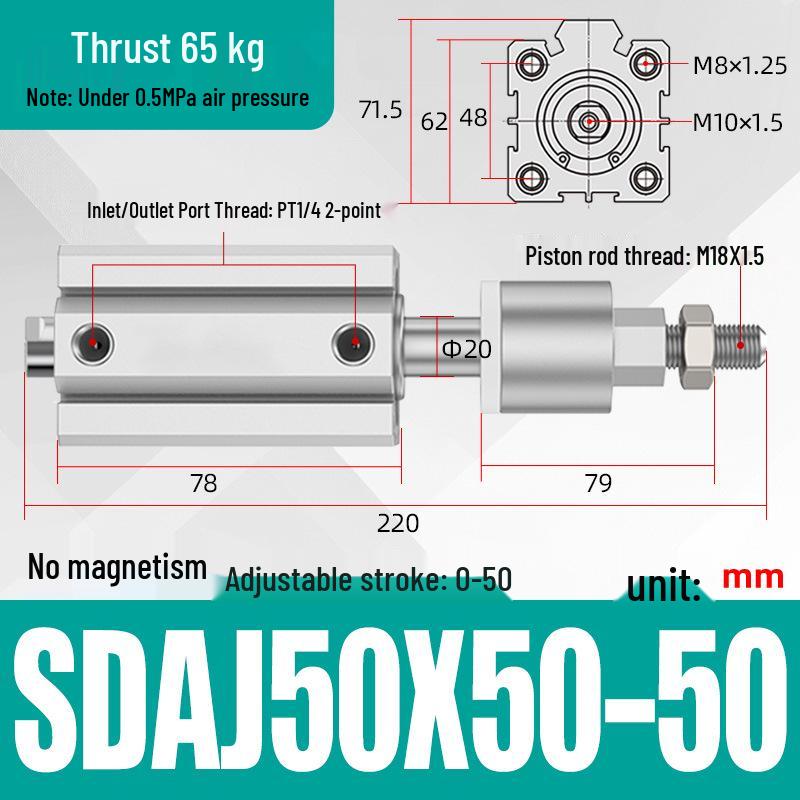 Adjustable Stroke Pneumatic Thin Cylinder - Piston Rod Sizes: 16/20/25/32/40/63