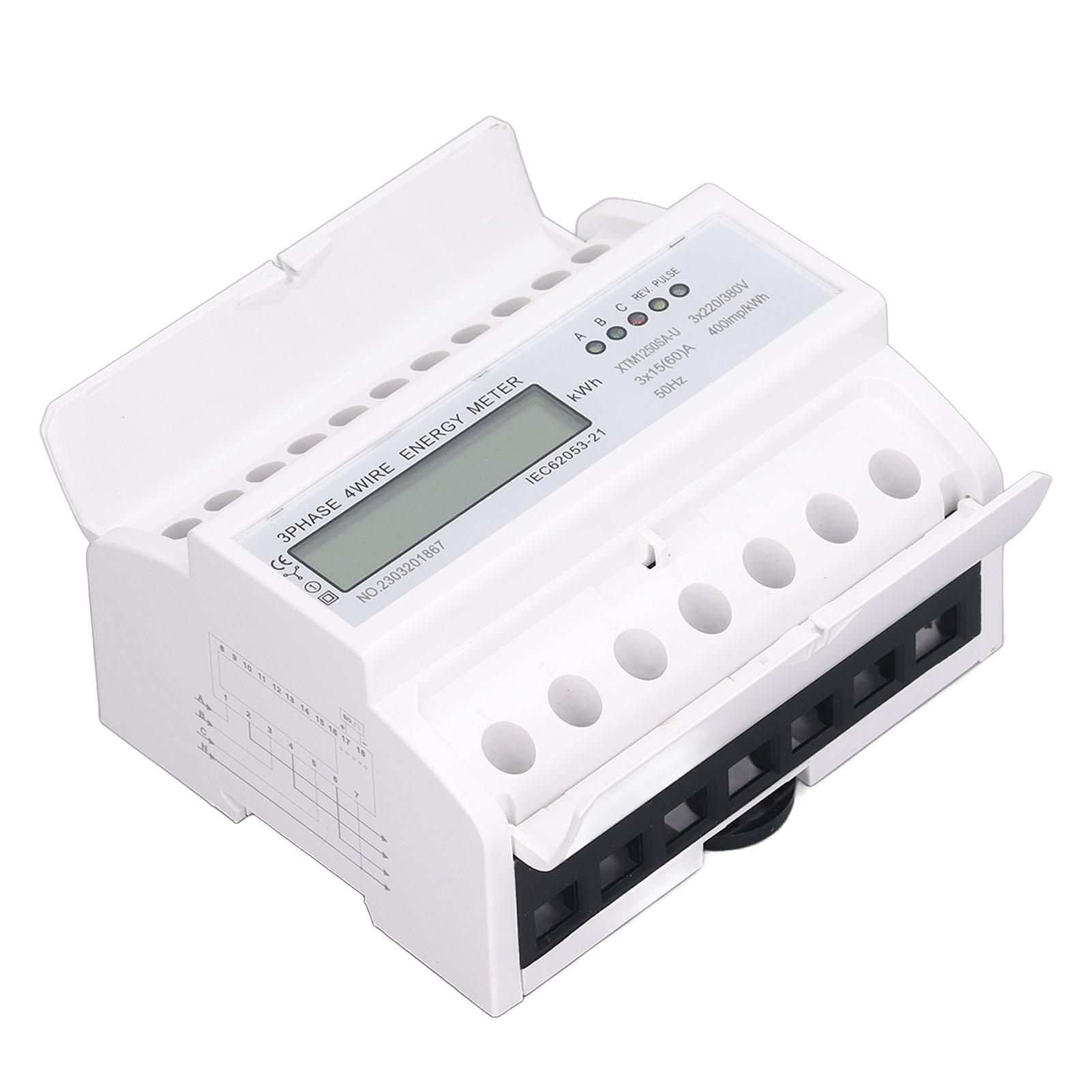 

Energy Meter 3 Phase Electricity Usage Monitor LCD Display DIN Rail Mounting Power Meter 3x15A DC3x2