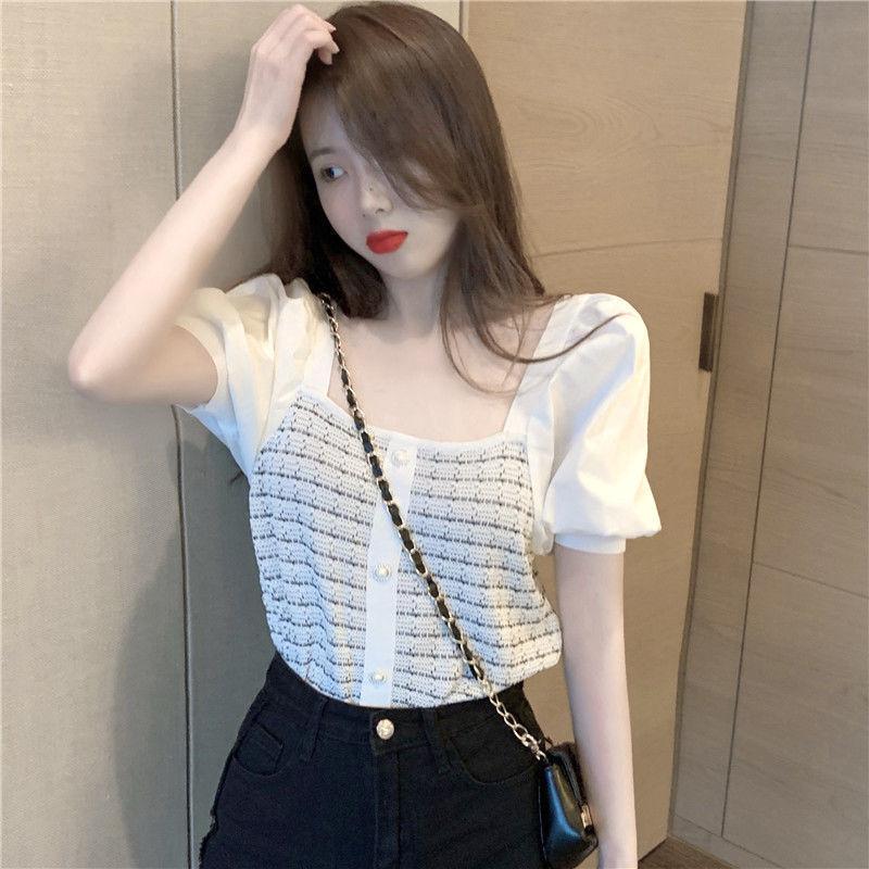 New Style Short-sleeved Spliced puff Sleeves Ice Silk Women's Slim Square Collar Knit Top