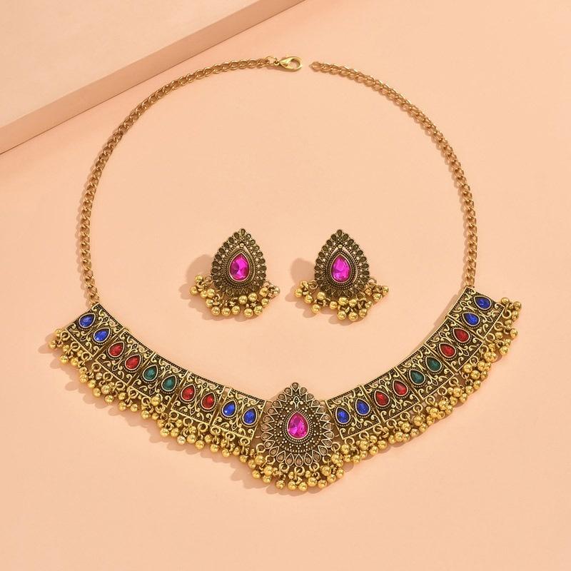 New Fashion Indian Bollywood Traditional Crystal Wedding Temple Choker Necklace Earrings Zircon Set