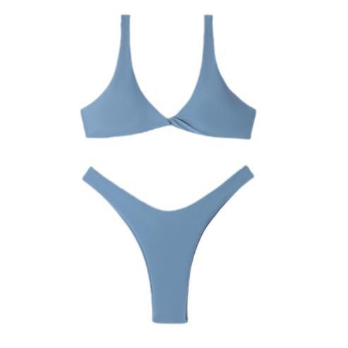 Solid Color Split Swimsuit Girls Sexy Deep V Gather Bikini Straps Premium Sense Pure Erotic Swimsuit