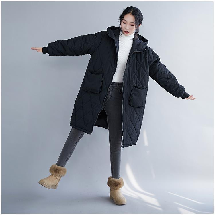 Women's Plaid Hooded Cotton Jacket, Winter Wear, Mid-Length, Thick Pocketed Zipper Coat, Plus Size.