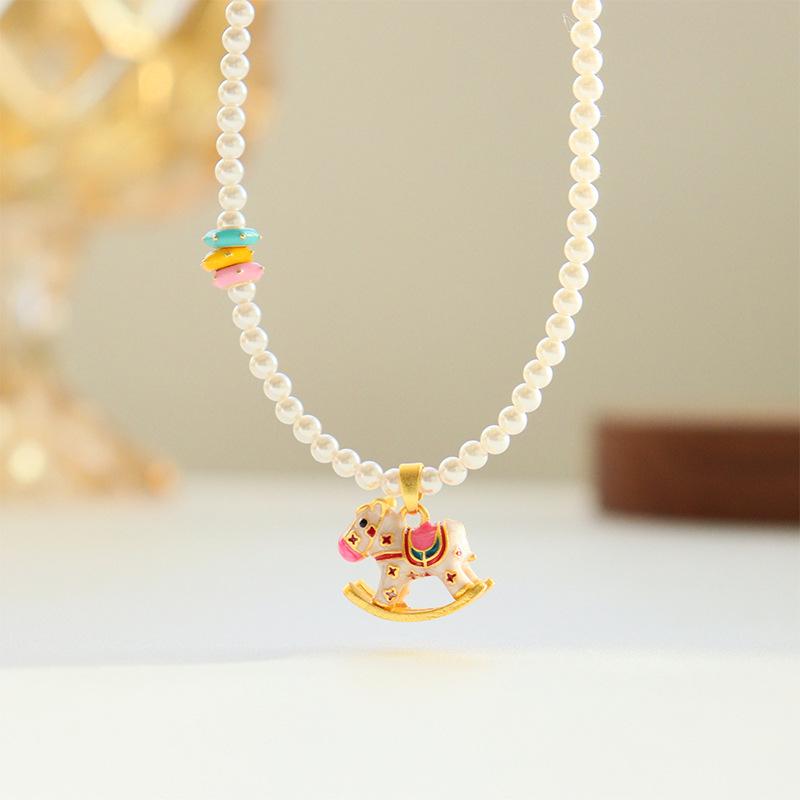 Retro Rocking Horse Pearl Necklace with Colorful Enamel - Luxurious Clavicle Chain