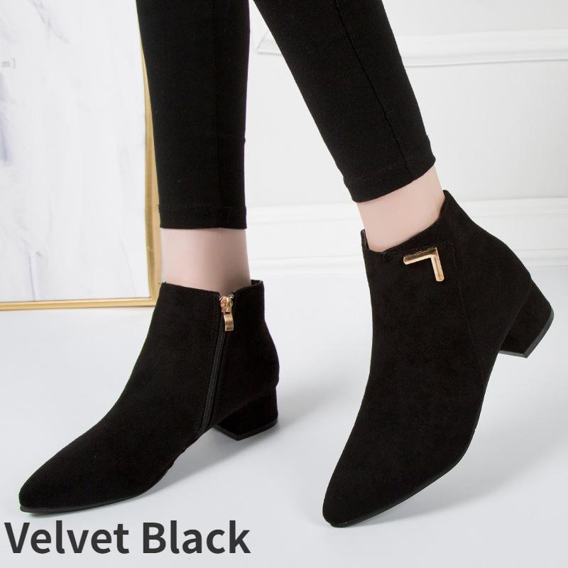 Women's Boots Fashion Casual Thick Heeled Boots Temperament Pointed Toe Leather Boots Classic Side Zipper Ankle Boot Botas Mujer