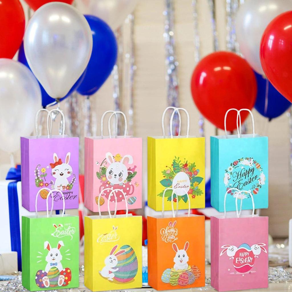 8pcs Easters Paper Gift Bags with Handle Multifunctional Snacks Cookie Bags for Spring Celebration Party Supplies