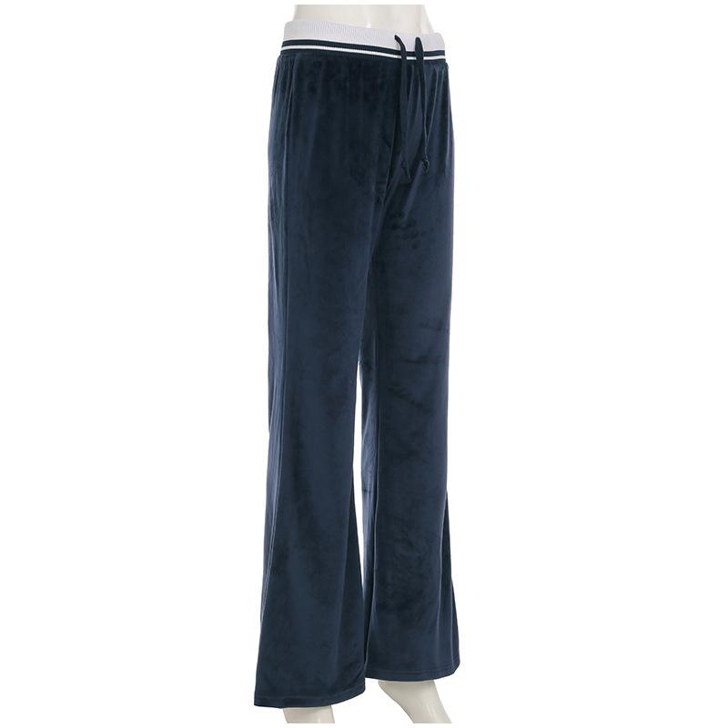 Blue Velvet Casual Pants Streetwear Stitching Straight Trousers Vintage Drawstring Low Rise Loose Women's Pants Basic 2025 Spring Autumn