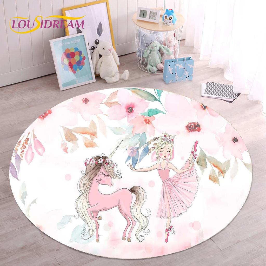 Cute Ballet Girl Ballerina Fairy Unicorn Cartoon Round Area Carpet Rug for Living Room Bedroom Kids Decor,Pet Area Rug Non-slip