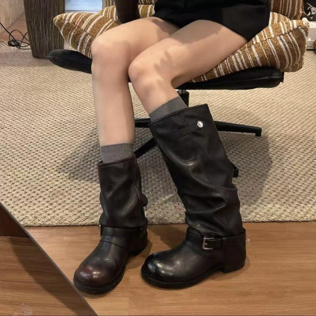 Cowhide version~ retro trousers fashion stacked short boots women's 2025 new thick heel pleated wasteland Martin boots