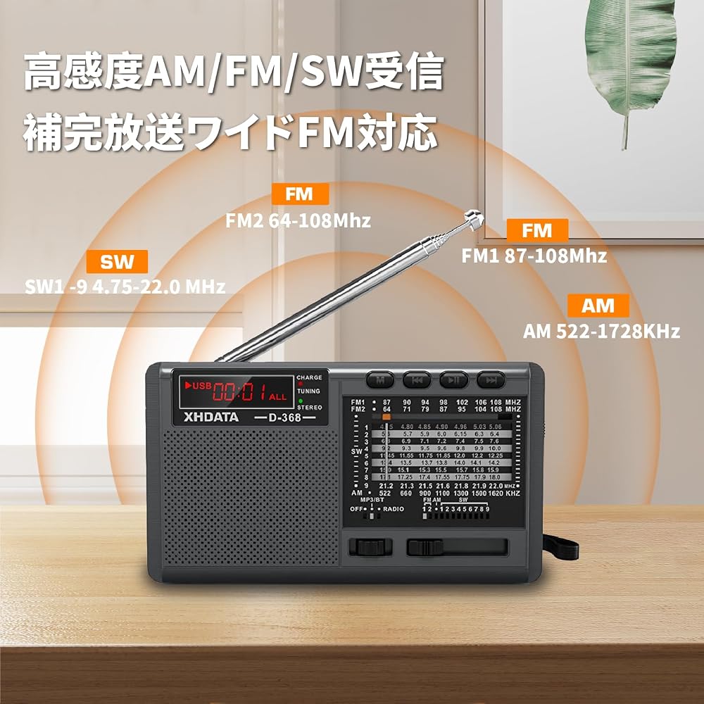 XHDATA D368 Portable FM AM SW Radio with High Sensitivity, DSP Stereo, Type-C Charging, MP3 Player, Battery Operated