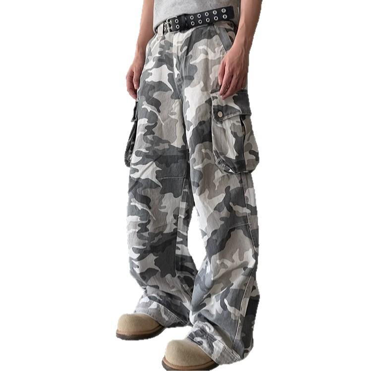 White gray camouflage washed old big pocket jeans men's trendy street versatile loose wide-leg scimitar trousers