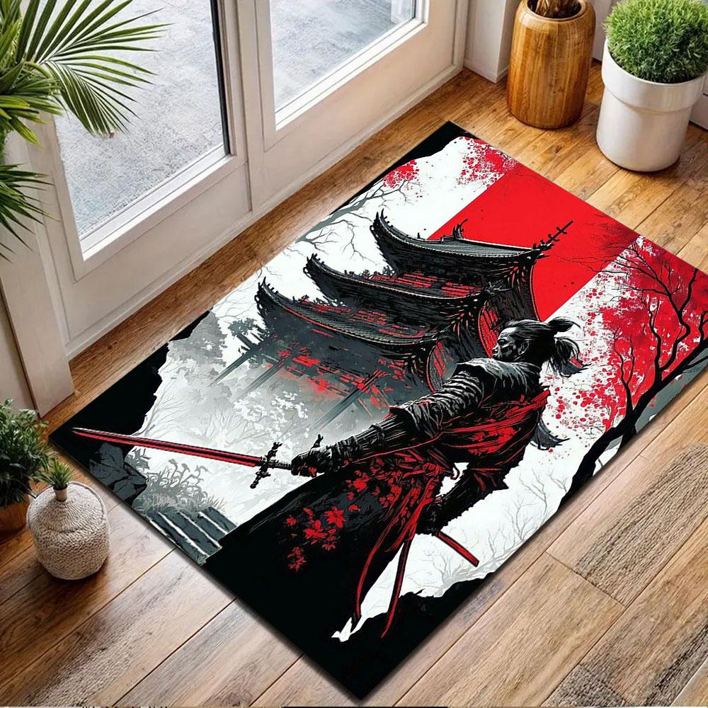 Samurai Warrior with Japanese Temple Scene Patterned carpet, non slip mat suitable for living room and bedroom sofas