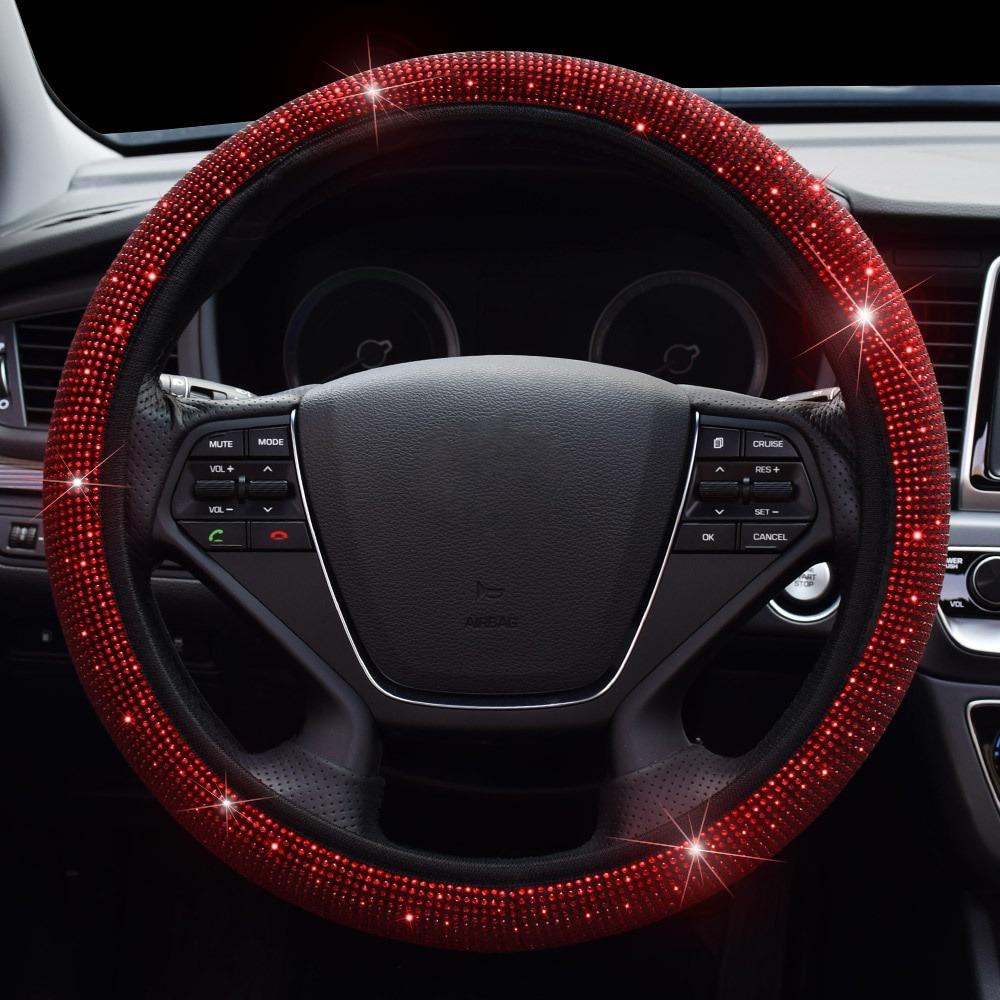 38cm Bling Rhinestones Steering Wheel Cover for Women Girl with Crystal Diamond Sparkling Car SUV Breathable Anti-Slip Universal Steering Wheel Covers