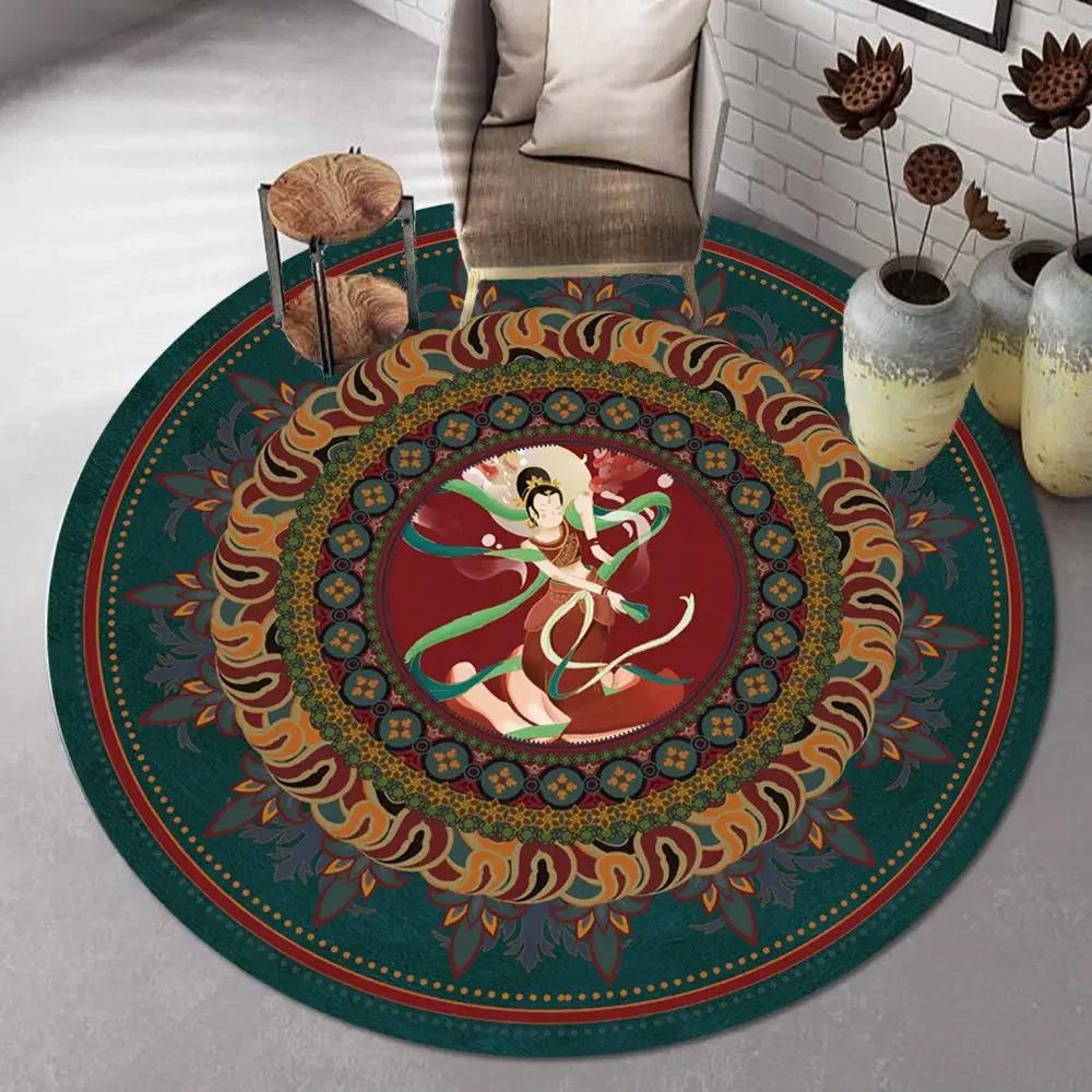 Bohemian Mandala Round Carpet Ethnic Style Vintage Floral Rug Living Room Coffee Table Sofa Mat Bedroom Hanging Basket Chair Mat