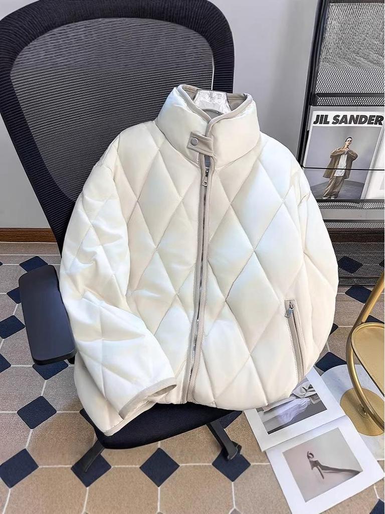 Unisex Retro Diamond Lattice Stand Collar Padded Winter Jacket