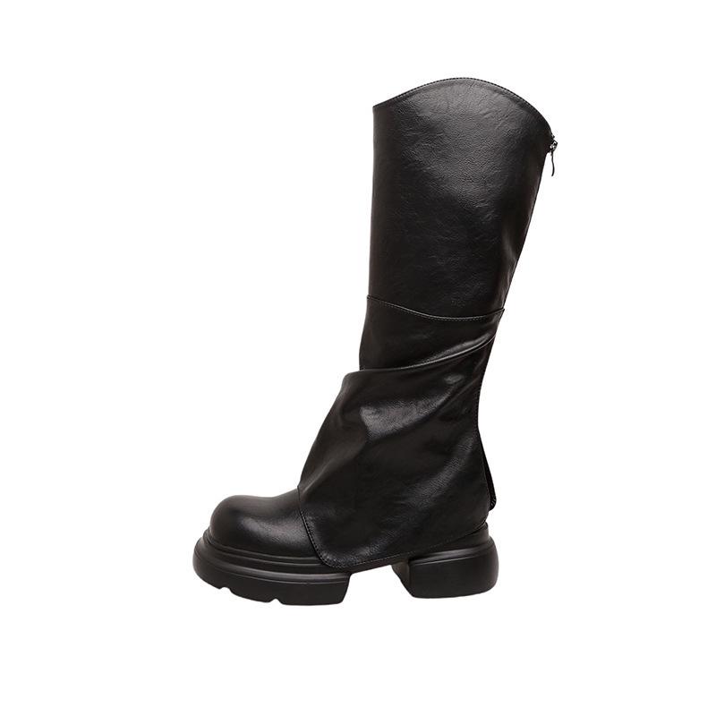 Women's Soft Leather Knee-High Ruched Boots with Thick Sole - 2024 Autumn/Winter