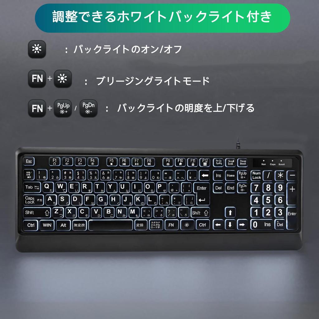 Oversized Backlit Keyboard, Quiet USB Wired Computer Keyboard with Illuminated White LEDs, Full-Size Keyboard for Windows Desktops, Laptops, PCs, and