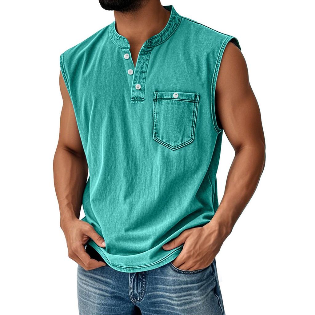 Canotta da uomo senza maniche con scollo Henley, abbottonatura e taschino sul petto, vestibilità casual ampia, maglietta estiva