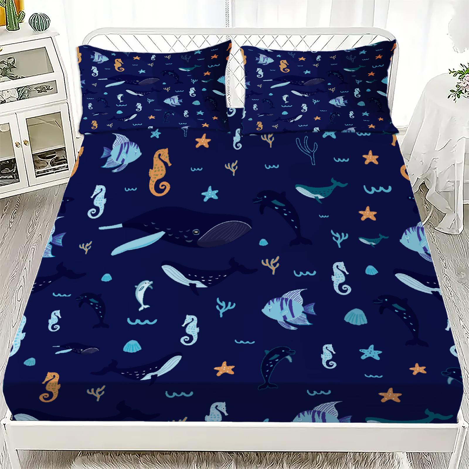 

3pcs Soft Fitted Sheet Set Gifts Simple Style For Kids Ocean Animals Sea Life Pattern Print Washable Bed Sheet With Pillowcases 99x190x25cm