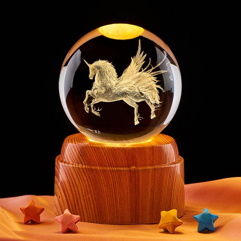 Unicorn Wing 3D Crystal Ball Night Light with Rotating Colorful LED Bluetooth Base