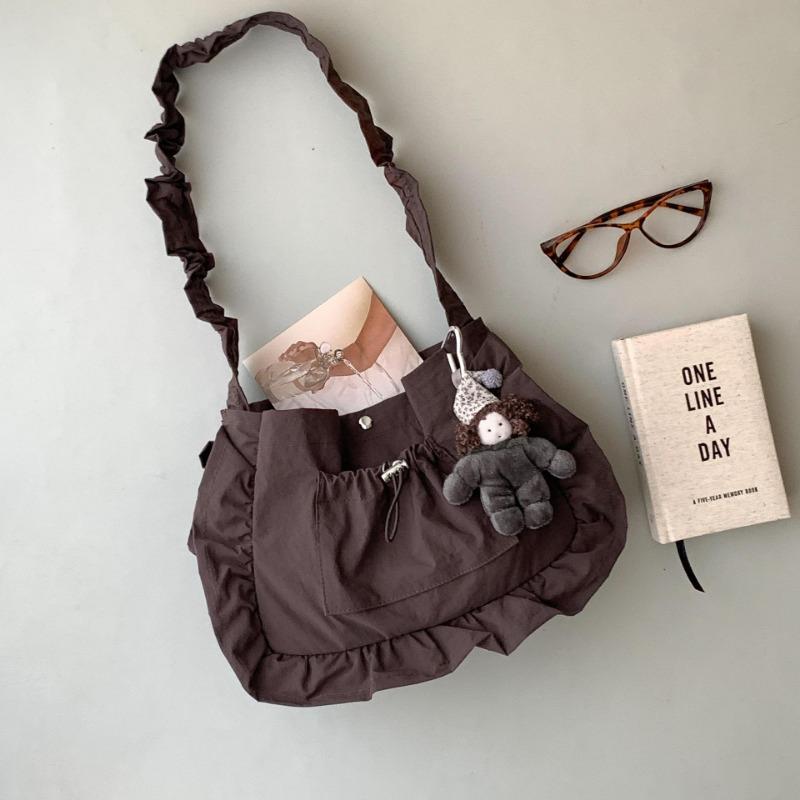 

Lace pleated bag cute casual daily commuter bag solid color nylon fashion new student shoulder bag women кавовий