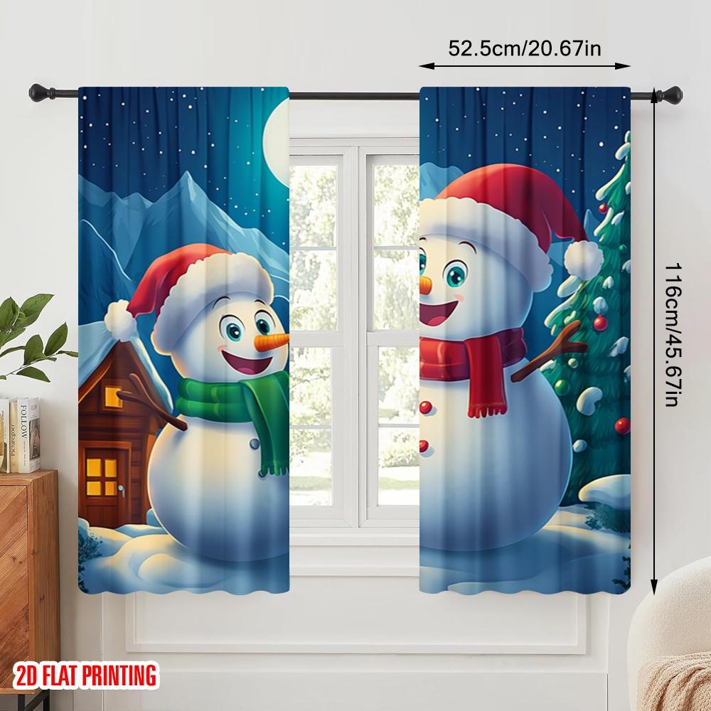 2pcs,2D Plane Printing Curtains Cute Snowmen Winter Christmas Durable Polyester (without Rod) Room Decor Use for Living Room,